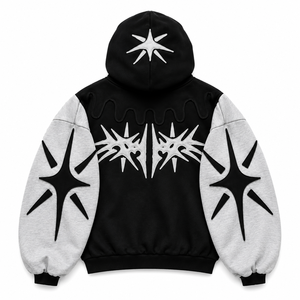 Sweat à capuche zippé contrastant pour homme, noir et gris, avec applique étoile, coupe oversize, style streetwear, fournisseur en gros - Product Image 2