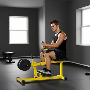 Máquina de levantamiento de pantorrillas ajustable de acero con asiento, amarilla, para entrenamiento de fuerza, con carga de placas - Product Image 2