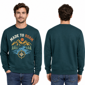 Custom Teal <b>Sweatshirt</b> for Travel and Camping Multi-Color Screen Print Made To Roam <b>Slogan</b> Crewneck - Product Image 3