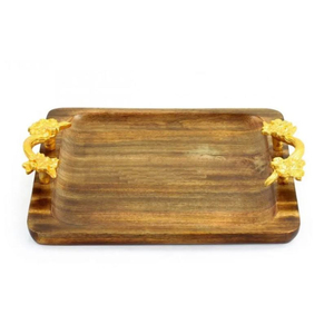 Plateau de service artisanal en bois de manguier de qualité supérieure avec poignées en métal doré antique, plateau décoratif rustique en bois pour la maison - Product Image 2