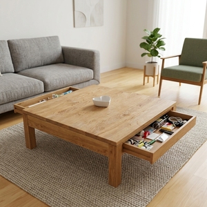 Mesa de Centro Moderna y Minimalista de Madera de Teca Natural, Mesa Central de Madera Sólida con Dos Cajones de Almacenamiento, Cuadrada, para Patio o Sala de Estar - Product Image 2