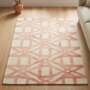 Tapis rectangulaire moderne géométrique abstrait en laine tuftée à la main, à poils moyens, lavable, avec envers en polypropylène, pour salon - Product Image 5