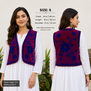Chaleco Suzani Kantha de terciopelo con bordado floral vintage, recién llegado, chaqueta corta india para mujer con logo frontal. - Product Image 3