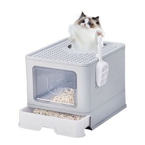 Grande lettiera grigia per gatti coperchio staccabile facile da pulire ingresso anteriore superiore uscita paletta vassoio scorrevole chiuso accessorio per toilette per gatti - Product Image 2