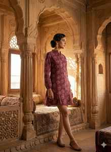 Vestido Midi de Algodón con Estampado Digital Color Granate, Cuello Mandarín, Estilo Bohemio Étnico para Mujer, Prenda Artesanal India, Lavable - Product Image 3