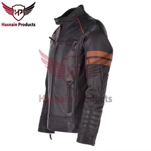 Chaqueta de cuero genuino negra para hombre, estilo motero con rayas color canela, abrigo de piel de vaca acolchado en los hombros, estilo Cafe Racer, personalizada, cálida para invierno - Product Image 3