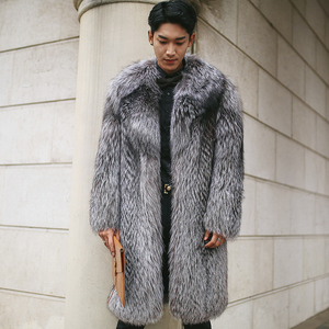 Manteau long en fausse fourrure de renard pour homme, longueur genou, duveteux, pour l'hiver, gris uni - Product Image 4
