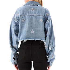 Veste en jean courte pour femme, style camionneur, manches longues, col rabattu, étoiles brodées, coton délavé, style décontracté printemps - Product Image 2