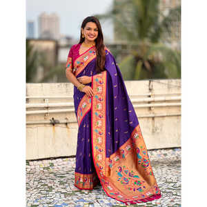 ผ้าไหมสีม่วงอ่อน ลายหงส์ ราจฮันส์ ปายธานี ผ้าส่าหรี เสื้อผ้าอินเดียและปากีสถาน - Product Image 6