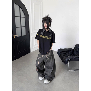 Jean en denim écologique respirant taille haute coupe droite Cyber Grunge Y2K pour femme, délavé, coupe oversize, jambe large, style streetwear 100% - Product Image 4