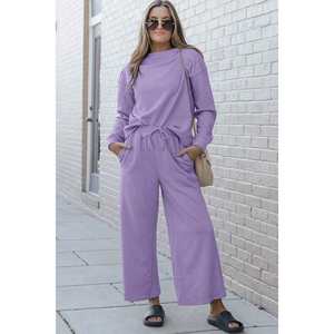 Women's Double Take Full Size Textured <b>Long</b> <b>Sleeve</b> <b>Top</b> and Drawstring Pants Set - Product Image 3