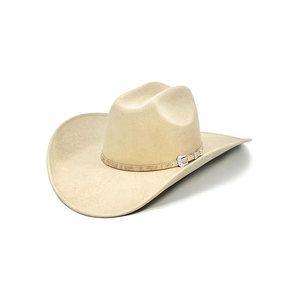 Beige Nonwoven Felt Cowboy <b>Hat</b> with Braided <b>Band</b> and Silver Buckle Wide Brim Western Style - Product Image 1
