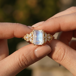 Anillo de compromiso de moissanita chapado en oro con gema de laboratorio de esmeralda y piedra lunar arcoíris, con engaste de garra, para mujer, moderno, para boda - Product Image 1