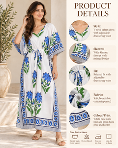 Robe Kaftan Bohème Florale Bleue pour Femme, Base Blanche, Imprimé Botanique Vert, Bordure Marine, Respirante, avec Nœud à la Taille, Longueur Maxi, pour la Vente en Gros - Product Image 6
