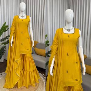 Yellow Reversible 3 Piece Sharara Suit Dupatta <b>Top</b> and Wide Leg Pants Pakistani Party Outfit for Women - Product Image 6
