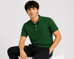 Chemise Formelle Homme Verte 100% Coton Tricotée Unie avec Logo Avant Manches Courtes Boutonnée Col Golf Uniforme Séchage Rapide - Product Image 3