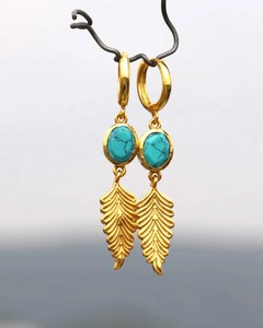 Turquoise <b>Leaf</b> Dangle Earrings 925 Sterling Silver Natural Stone Feather Drop Boho Handmade <b>Jewelry</b> Women Gift - Product Image 5