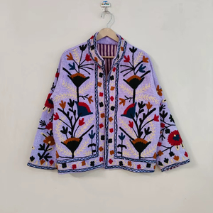Handmade Suzani Embroidered Women's Winter Bomber <b>Jacket</b> <b>Short</b> Length Reversible & Breathable Eco-Friendly Cotton TNT Fabric - Product Image 1