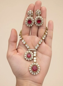 Luxury <b>Ruby</b> Red Pendant <b>Necklace</b> Set Gold Plated Kundan Polki Bridal Wedding Jewelry with Matching Earrings for Women - Product Image 2