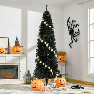 Albero di Natale Artificiale Nero Sottile Floccato da 210 cm con Supporto e Luci LED per Decorazioni Interne - Product Image 2