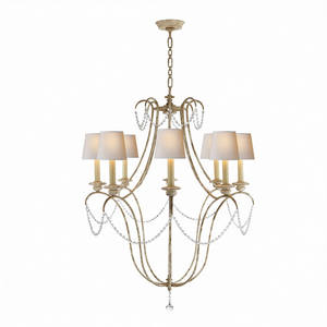 Lustre vintage, décoration champêtre française, structure en métal, abat-jour en tissu avec perles de cristal, LED, lumières rustiques pour mariage, lustre - Product Image 1