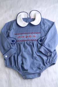 Combinaison bleue à smocks pour bébé garçon avec col Peter Pan, tenue classique à manches longues pour nourrisson - Product Image 3