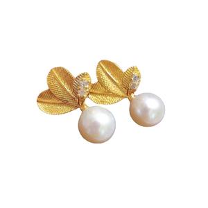 Nouvelles boucles d'oreilles en perles d'eau douce de style palais, 7-8 mm, argent pur S925, design feuille, perles de feuille, nouveau style, boucles d'oreilles en perles d'eau douce - Product Image 5