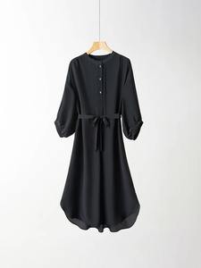 Abaya Femme Nouveau Design Exquis 100% Soie Véritable Manches Lanterne Robe Longue Unie Ceinturée Printemps-Été 2026 - Product Image 4