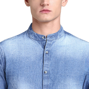 Camisa de mezclilla azul para hombre, manga larga, cuello mandarín, color liso, corte ajustado, estilo casual, transpirable, manga completa, tejido stonewash - Product Image 6