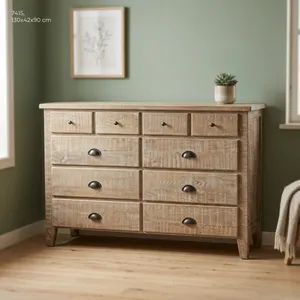 <b>Rustic</b> Wooden 10 Drawer <b>Cabinet</b> with Natural Finish and Metal Handles for Bedroom Storage Living Room <b>Cabinets</b> - Product Image 5