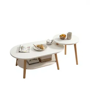 Juego de Mesa de Centro Nórdica Blanca Contemporánea de Madera Maciza Ecológica y Fácil de Limpiar, Juego de 2 Mesas Auxiliares Ovaladas para Sala de Estar - Product Image 2