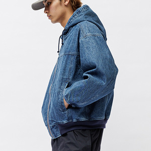 Custom High Quality Applique Embroidery <b>Denim</b> Zip up Hoodies Vintage Light Blue 2 Tone Washing Drawstring Hoodie - Product Image 2