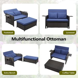 Set Divano Letto da Esterno in Rattan 2 in 1 con Divanetto in Vimini, Vassoio Laterale Retrattile, Pouf Multiuso Regolabile a 5 Livelli per Uso Esterno - Product Image 4