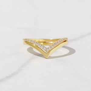 Customized 18K Solid Gold Lab Diamond Chevron <b>Ring</b> Set with a Sleek <b>Plain</b> Band V <b>Ring</b> Set Eternity Stacking Curved Wedding Band - Product Image 1