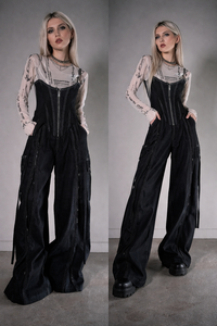 จั๊มพ์สูทเดนิมขากว้างสำหรับผู้หญิง สไตล์สตรีทแฟชั่น แต่งตะเข็บตัดกัน ขาหลวมพิเศษ - Product Image 2