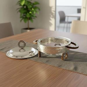 Calentador de Comida Tipo Buffet de Lujo, Redondo, de Metal Martillado, con Interior de Vidrio, Asa de Madera y Exterior con Recubrimiento en Polvo - Product Image 6