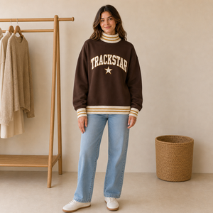 Sweat-shirt à col montant pour femme Chocolate Gold Stripe Trackstar, motif étoile ivoire, logo personnalisé, marque privée, vente en gros, pull - Product Image 1