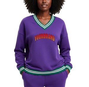 Sweat-shirt en molleton uni pour femme, coupe décontractée, col en V, tricot côtelé, épaules tombantes, logo personnalisé imprimé, vêtements d'hiver pour l'université - Product Image 1