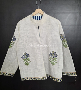 Veste matelassée artisanale en coton et lin velours beige, broderie florale à la main, écologique, respirante, légère, longue, pour l'hiver - Product Image 5