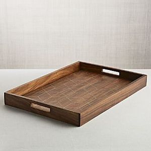 Plateau de service rectangulaire en bois avec motif floral bleu, design chinois traditionnel, peint à la main, vaisselle et assiettes - Product Image 3