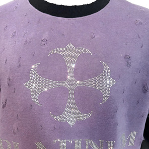 Custom Lavender <b>Purple</b> Distressed Rhinestone Cross Graphic Layered Sleeve Streetwear <b>T</b> <b>Shirt</b> Faux Leather Sleeves Heavyweight Vi - Product Image 4