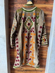 Veste longue en velours gris foncé de qualité supérieure, brodée de fleurs, style bohème, manches longues, col montant, vêtements d'extérieur pour femmes, hiver - Product Image 5