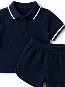 Conjunto de Polo Azul Marino para Niños, Camiseta y Pantalones Cortos de Mezcla de Algodón Texturizado, Atuendo Combinado, Ropa Cómoda de Verano, Premium para Niños - Product Image 3