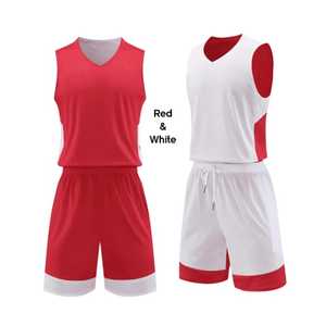 Tenues de basket-ball pour filles, ensemble uniforme de basket-ball pour jeunes, ensemble uniforme de basket-ball pour hommes ou femmes, rouge et blanc, réversible, col en V, équipement de sport en mesh pour matchs. - Product Image 1