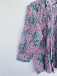 Vintage Sage Green Pink Floral Print Blouse Women <b>Collarless</b> Long Sleeve Button Down Loose <b>Shirt</b> Boho Casual Summer Tunic Top - Product Image 3