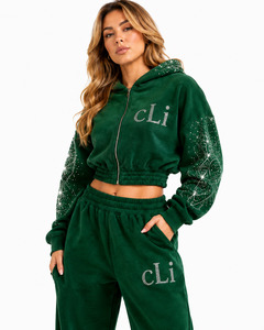High Quality Y2K Rhinestone <b>Cropped</b> Zip Hoodies Tracksuit baggy <b>Joggers</b> Custom Crystal Logo Heavy Fleece Cotton Women Streetwear - Product Image 2