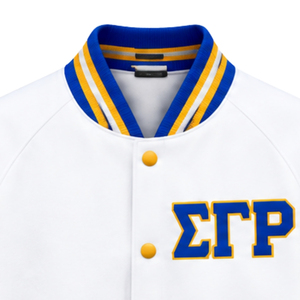 <b>White</b> Varsity <b>Jacket</b> Blue Gold Stripe Ribbed Collar Snap Button Greek Letter Graphic Long Sleeve Casual College Letterman <b>Jacket</b> - Product Image 2