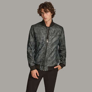 Blouson bomber en cuir de mouton bicolore, lavé et ciré, pour homme, avec col montant, style motard, imperméable - Product Image 1