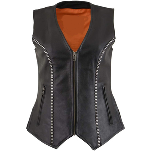 Chaleco de Motociclista Clásico de Cuero Negro para Mujer Samroz Sports con Cuello en V y Detalles de Pedrería - Product Image 4