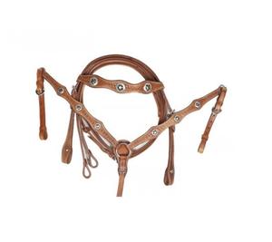 Cabezada, pechopetral y riendas de cuero tópico estilo western, con conchos de estrella y onda tipo cesta, grabados a mano, con herrajes de acero inoxidable, fabricante indio. - Product Image 2